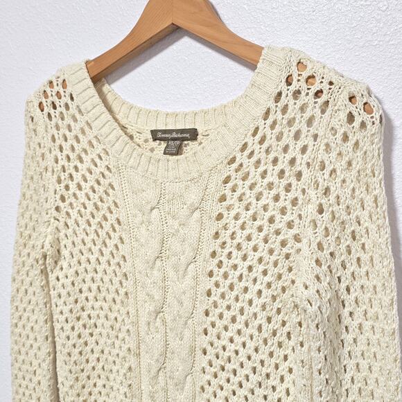 Tommy Bahama Womens Open Knit Beach Sweater XS Ivory Metallic Wool Blend Travel - Picture 2 of 9